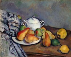 ポール・セザンヌ《砂糖壺、梨とテーブルクロス》 1893-1894年 ポーラ美術館蔵