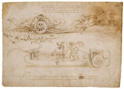 レオナルド・ダ・ヴィンチ《大鎌を装備した戦車の二 つの案》 1485 年頃 トリノ王立図書館 ©Torino, Biblioteca Reale