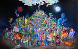 岡本瑛⾥《ボロブドゥール》（制作中）2020-、パネルに綿布、アクリル、油彩、142.5 ×225 cm　©OKAMOTO Ellie Courtesy Mizuma Art Gallery