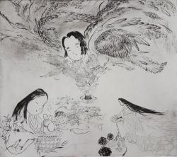 「不死鳥、きよらかな水と凍えた女」（全体）銅版画：40cm×45cm（全体の大きさ）、技法：エッチング・アクアチント／2016年制作