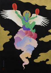 《風神》 2019 アクリルガッシュ、木、ブラックジェッソ、他 103 x 72.8 cm ©TENMYOUYA Hisashi Courtesy Mizuma Art Gallery