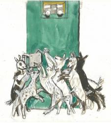 フェリックス・ホフマン 『おおかみと七ひきのこやぎ』《こやぎたちドアをあける》1957年  ©Felix Hoffmann　小さな絵本美術館蔵