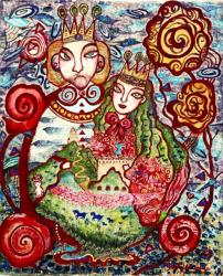「薔薇王と姫」 和紙・岩絵の具・コラージュ 117.6×96.5㎝ 2022年