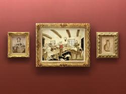 軽井沢安東美術館　展示室　（中央）《猫の教室》（1949　油彩・キャンバス）（左）《パリの屋根の前の少女と猫》(1955  油彩・キャンバス）（右）《正面を向く猫》（1930  油彩・キャンバス）