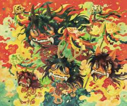 宮間夕子　Yuko Miyama　《祝祭の彼方》　2023年　60.6×72.7cm　油彩、水彩、アクリル、木パネル