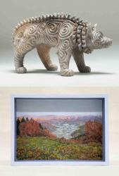上「土器怪獣オオカミン」体長53.0cm　野焼きによる陶  下「絵の中の絵（湯沢高原）」14.4×19.8×3.5cm　油彩、アクリル絵具、木