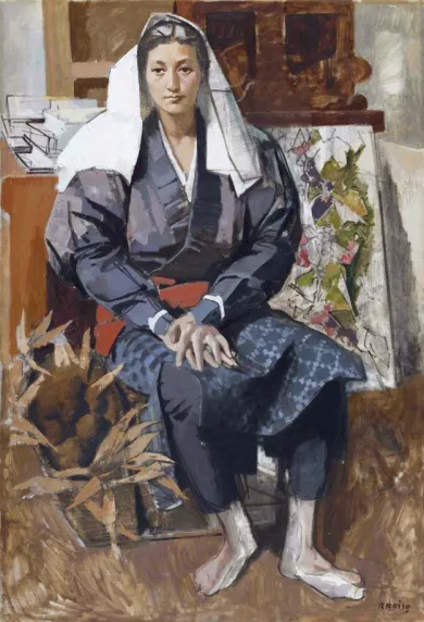 小磯良平美人画 小磯良平、絵画、油彩4号、化粧する舞妓、肉筆、新品高級額縁