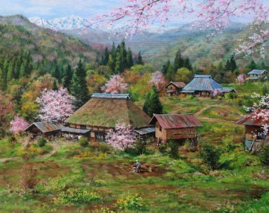 【真作】絵画　長生玲子　油彩30号　古門と柿の木　風情ある日本の秋情景　Y57 Yahoo!オークション - 「玲子」美術品の落札相場・落札価格